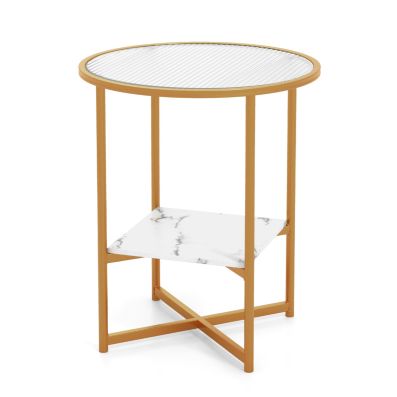 2-Tier Round Glass End Table with Faux Marble Storage Shelf