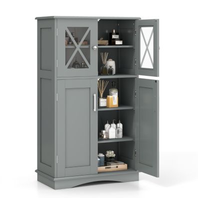 Bathroom Storage Cabinet with Doors and Adjustable Shelves-Grey
