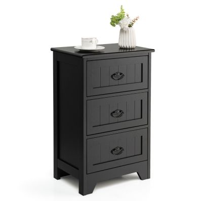 3-Drawer Vintage Bedside Table with Metal Handles & Anti-toppling Device-Black