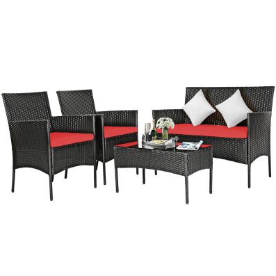 4 Pieces Patio Furniture Set with Tempered Glass Tabletop for Backyard and Garden-Red