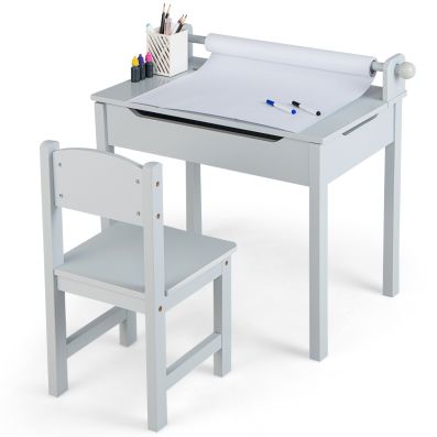 Kids Sensory Table Set with Storage and Paper Roll Holder for Drawing Studying Playing-Grey