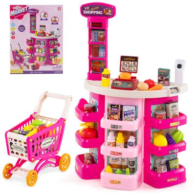 76 PCS Supermarket Playset Pretend Play Grocery Store Set with Shopping Cart-Pink