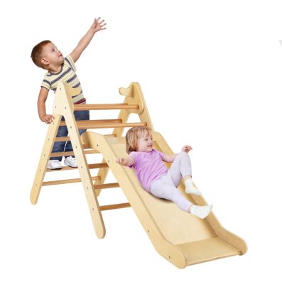  2 in 1 Kids Wooden Climbing Triangle Set with Slide-Natural