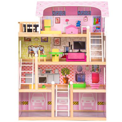 4-Story Wooden Doll House with 13 Pieces Furniture & Accessories