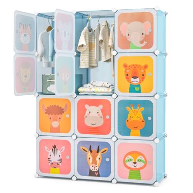 12-Cube Wardrobe Baby Dresser with Doors and 2 Rods-Blue
