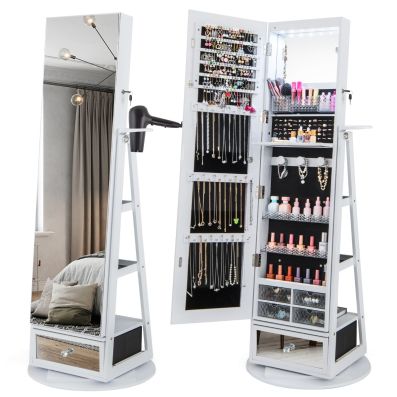 360° Swivel Jewelry Cabinet with Full-Length Mirror-White