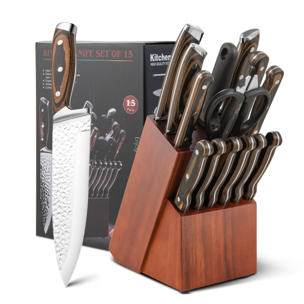 15 Pieces Kitchen Knife Set with Hammered Finish & Sharpener - Costway