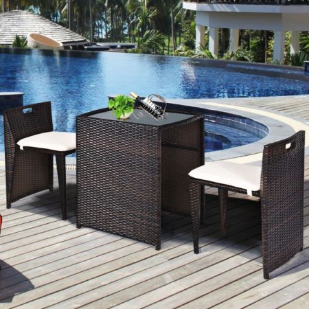 Costway 3 Pieces Cushioned Patio Rattan Set with Tempered Glass Top Table