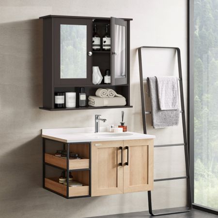 Costway Wall Mounted Hanging Storage Cabinet Cupboard with Doors and 2 Mirrors for Bathroom Laundry
