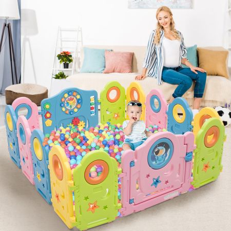 Costway 14 Panel Baby Playpen with Safety Lock & Lovely Toys for Children