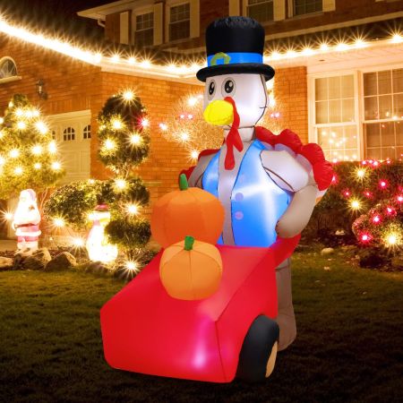 Costway 180 CM Thanksgiving Inflatable Turkey Pushing Pumpkin Cart for Lawn