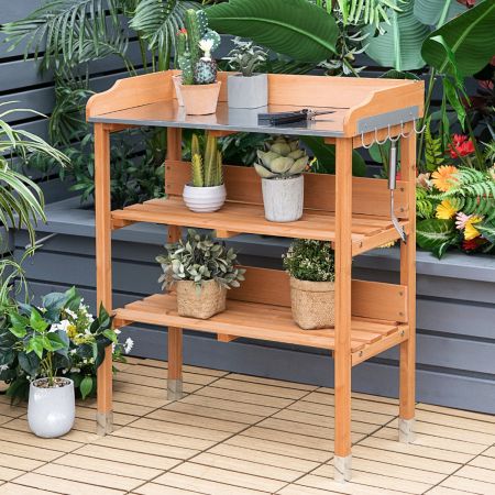 Costway Wooden Potting Bench with Metal Tabletop for Garden