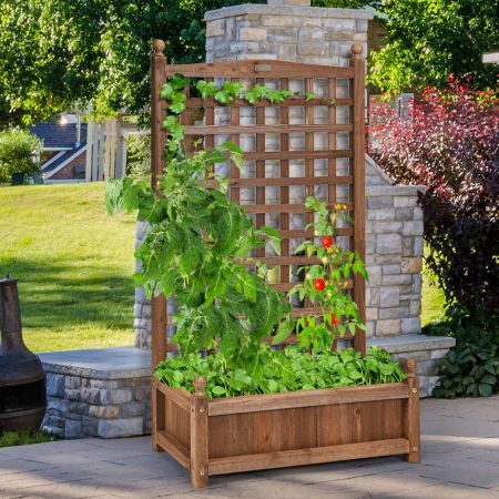 Costway Wood Planter Free Standing Plant Raised Bed with Trellis for Garden
