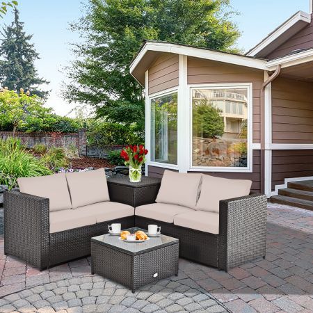 Costway 4 Pieces Outdoor Rattan Furniture Set with Cushioned Loveseat Storage Table for Patio