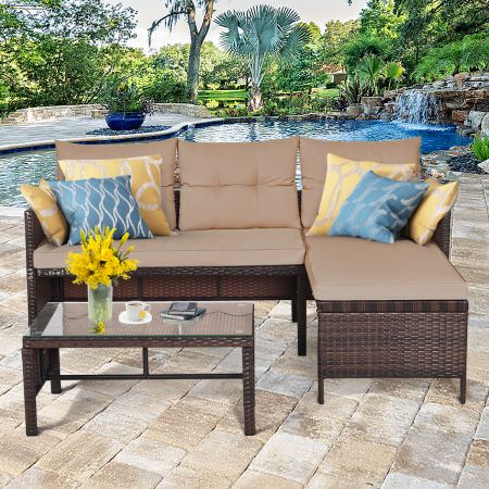 Costway 3 Pieces Patio Outdoor Conversation Bistro Set With Washable Couch Cushion