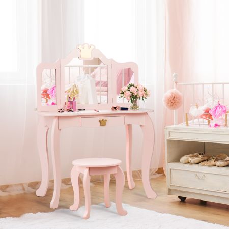 Costway Kids Vanity Table and Chair Set with Mirror & Drawer for Girls