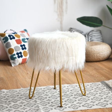 Costway Stylish Round Furry Ottoman with Metal Legs for Bedroom
