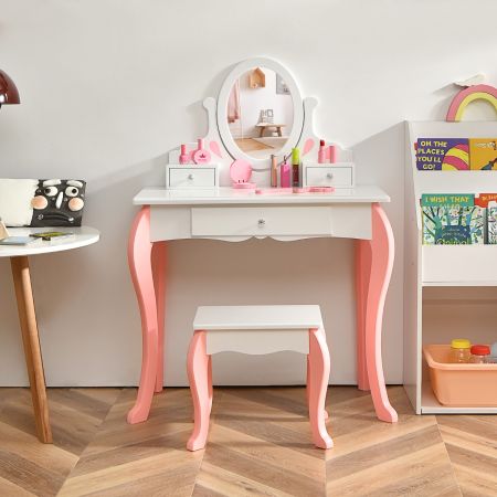 Costway Kids Makeup Table Stool Set with Mirror Drawer for Bedroom