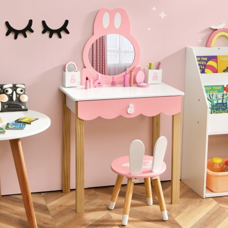 Costway Kids Vanity Table & Chair Set with Rabbit Mirror & Storage Drawer