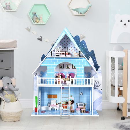 Costway Wooden Dollhouse Playset with 15 Pieces Furniture for Kids