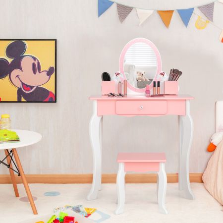 Costway 2-in-1 Kids Vanity Table and Stool Set with Mirror