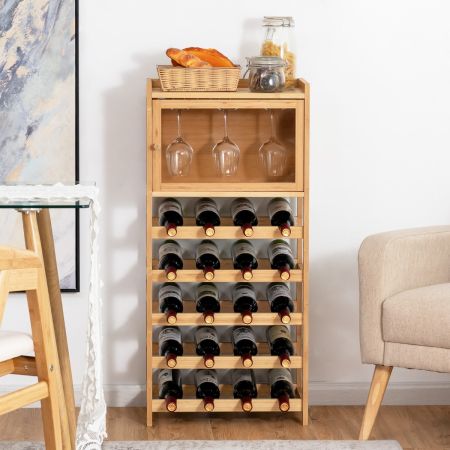 Costway 20-Bottle Bamboo Wine Rack Cabinet with Glass Hanger for Bar & Kitchen