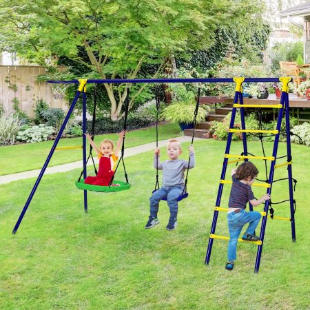 Costway 5-in-1 Outdoor Backyard Kids Swing Set with A-Shaped Metal Frame