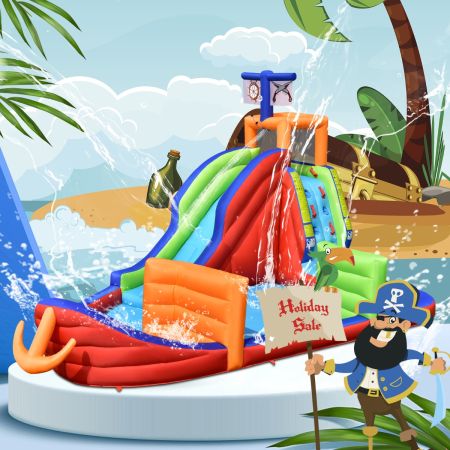 Costway 6-in-1 Inflatable Pirate Ship Bounce House with Long Slide for Kids (with Blower)