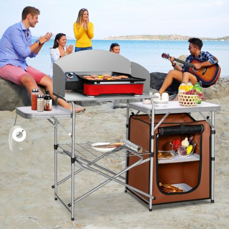 Costway Folding Camping Table with Storage & Windscreen for BBQ & Party