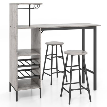 3 Pieces Bar Table and Chair Set with 6-Bottle Wine Racks for Dining Room-Grey