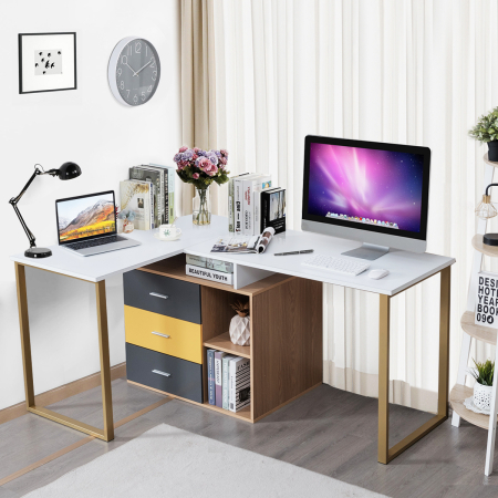 L-Shaped Computer Desk for Two Person with 3 Storage Drawers and Shelves