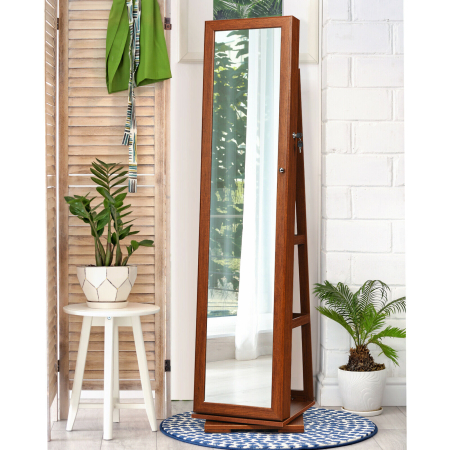 Full Length Mirrored Jewellery Cabinet Rotates 360° with Open Display Shelves-Brown