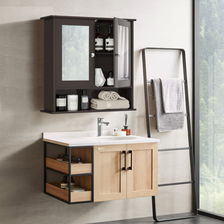 Wall Mounted Hanging Storage Cabinet Cupboard with Doors and 2 Mirrors for Bathroom Laundry