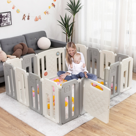 16-Panel Foldable Baby Playpen with Safety Lock for Toddlers
