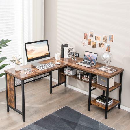 L-shaped Office Desk with Open Shelf & 2-Tier Side Shelves