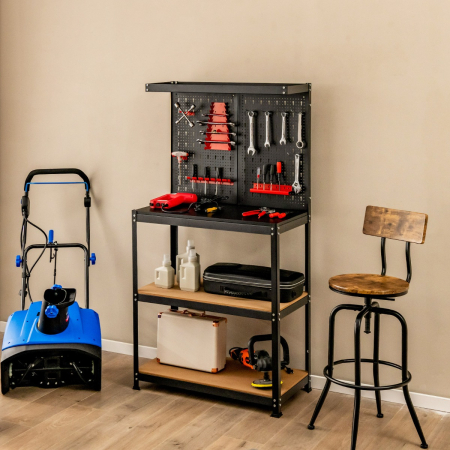 Tool Storage Workbench with Peg Board & 2 Lower Shelves for Garage