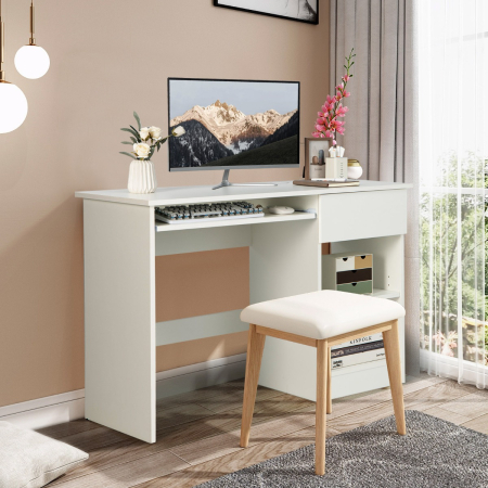 White Desk with Drawer and Adjustable Storage Shelves for Bedroom/Office