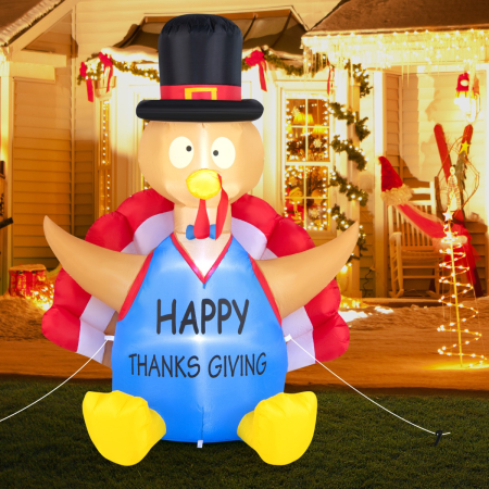 182 CM Thanksgiving Inflatable Turkey with Pilgrim Hat for Decoration