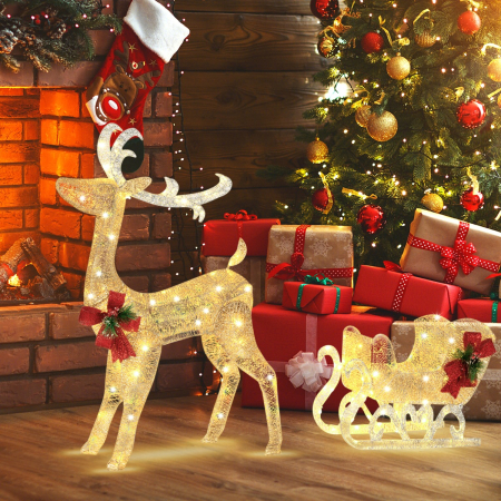 Lighted Christmas Reindeer & Sleigh with 100 LED Lights