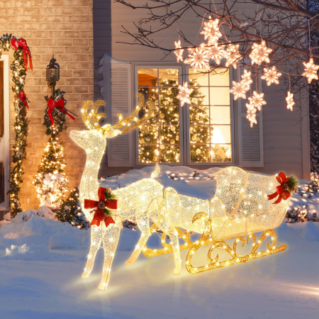 COSTWAY pre-lit Christmas reindeer& sleigh