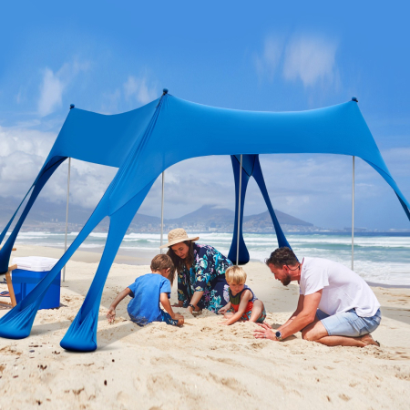 3M x 3M Beach Sunshade Canopy with 8 Sandbags, 3 Shovels for Beach, Patio