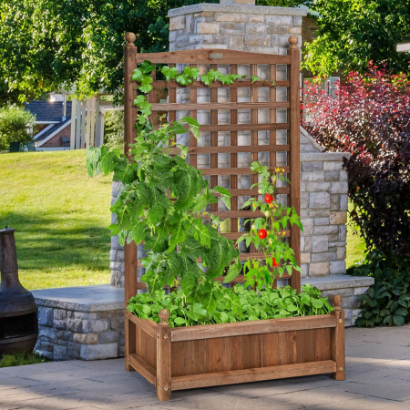 Wood Planter Free Standing Plant Raised Bed with Trellis for Garden