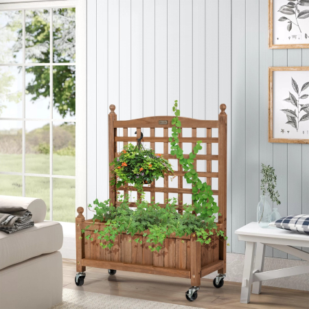Solid Wood Planter Bed with Trellis with Lockable Wheels