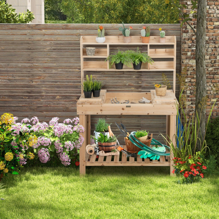 Wooden Potting Bench Table with Tiers of Shelves for Garden