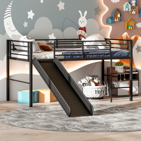 Metal Loft Bed with Integrated Ladder for Kids