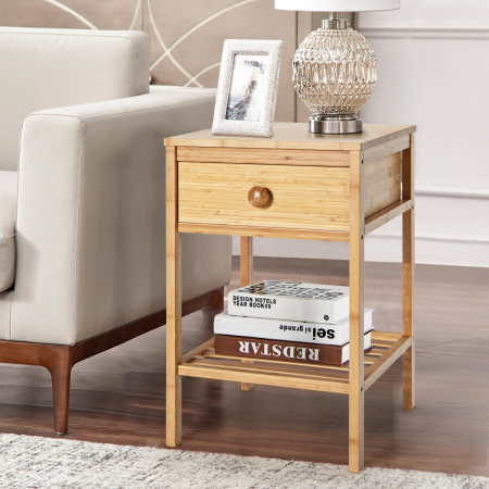 Bamboo Nightstand Bedside Table with Drawer and Open Storage Shelf Natural