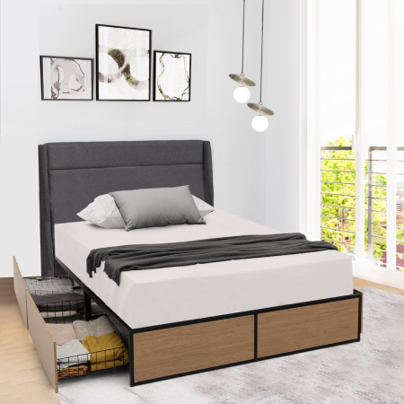 Queen/Double Size Metal Bed Frame with 4 Drawers for Headboard