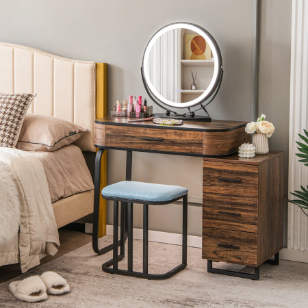 Dressing Table Stool Set with 3-Colour Lighted Makeup Mirror