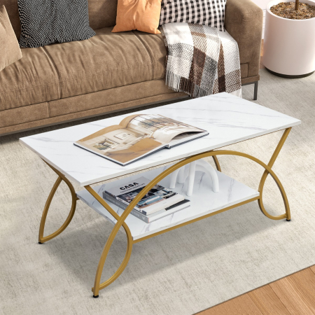 100CM 2-Tier Coffee Table with Faux Mable Top & Steel Legs