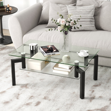 2-Tier Rectangular Glass Coffee Table with Tempered Glass Tabletop